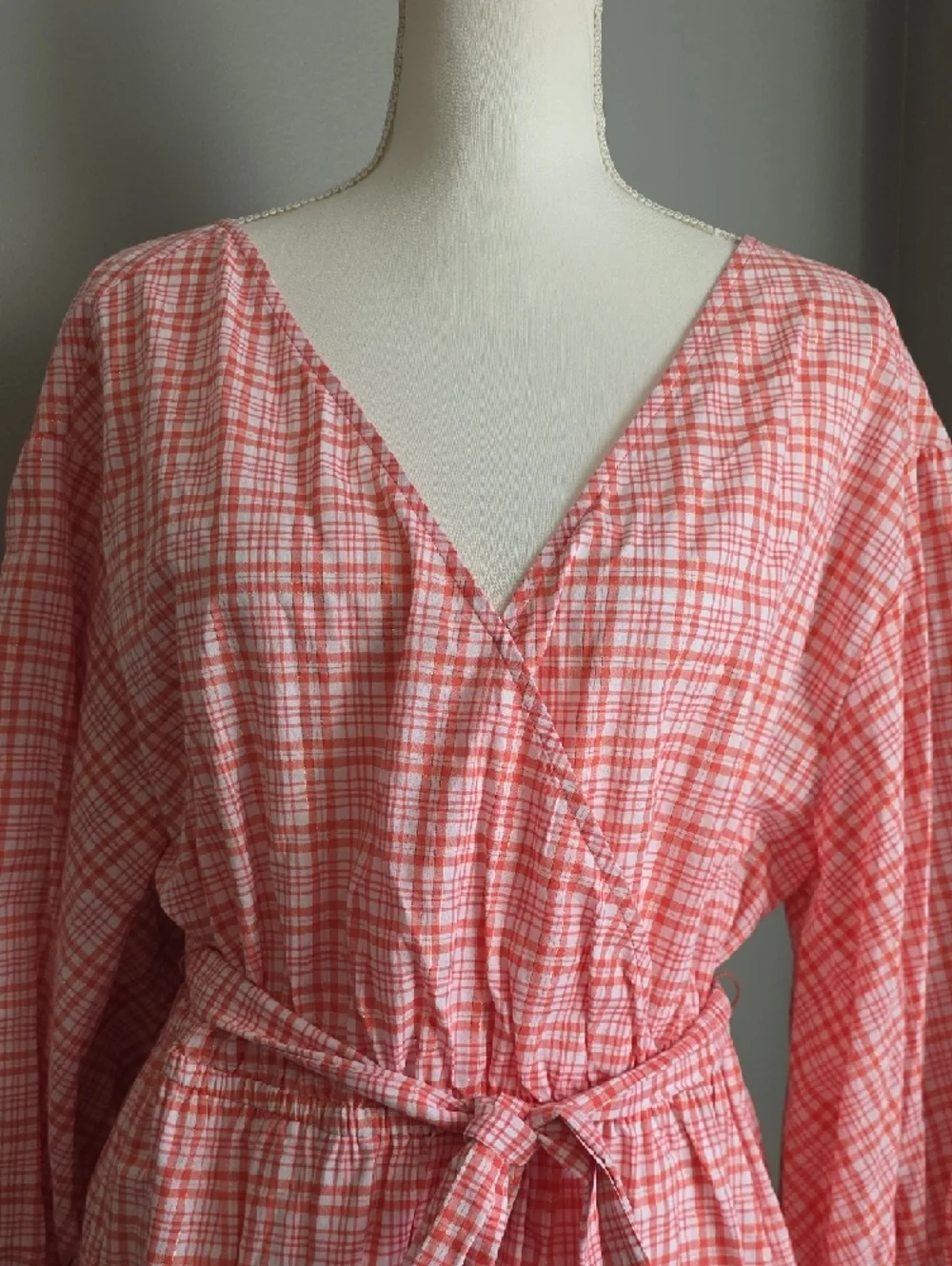 Michael Kors Coral Pink Plaid V-Neck Tie-Waist Mini Dress Size Large NWOT
